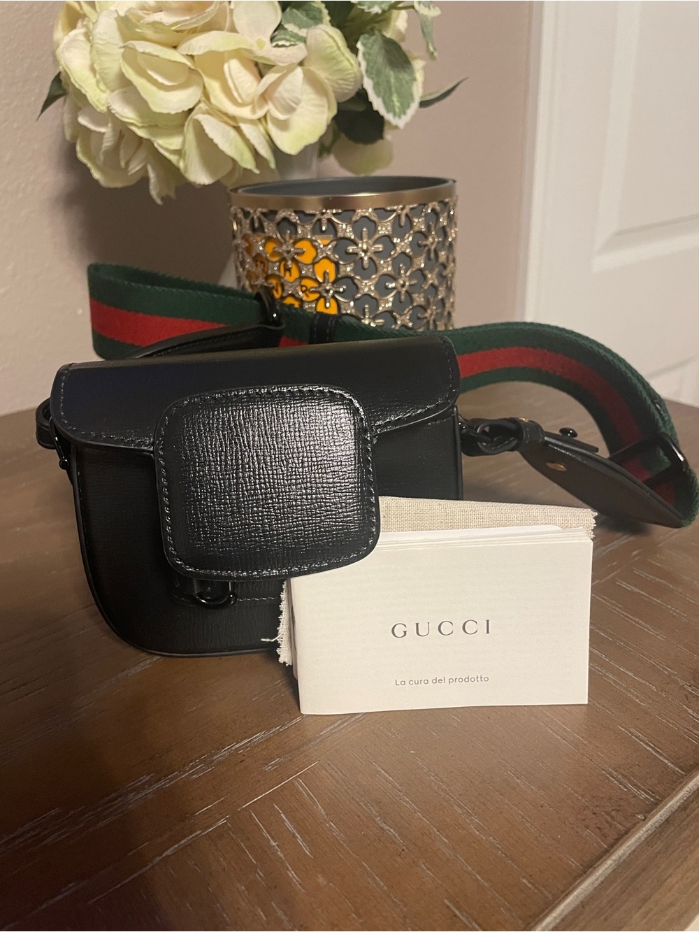 Gucci Black Super Mini Horsebit Crossbody with Green & Red Web Strap